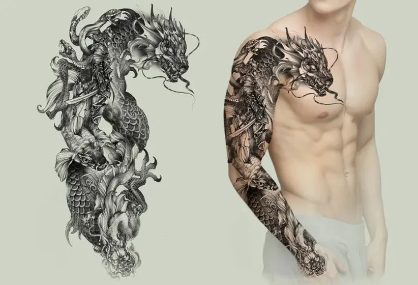 Japanese Black And Grey Dragon Samurai Koi Fish full sleeve tattoo design for men