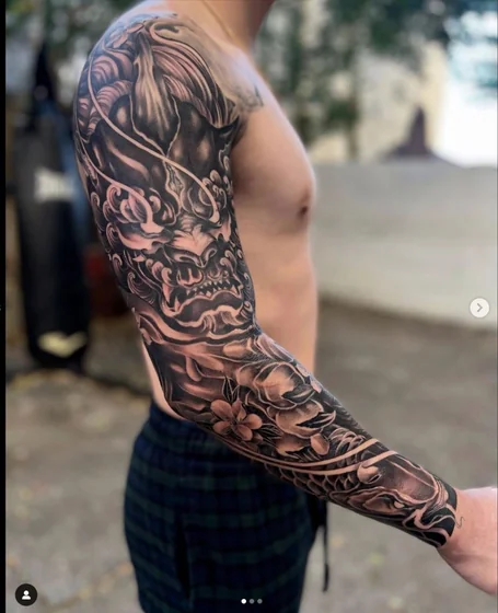 Japanese Black And Grey Oni Mask Koi Fish floral full sleeve tattoo design for men