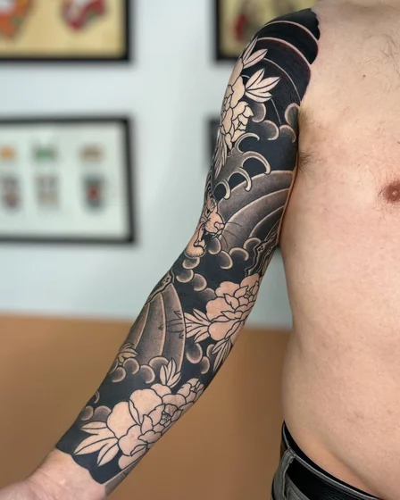 Japanese Black And Grey Tiger and Floral Full Sleeve tattoo design for men
