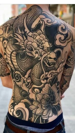 Japanese Black And Grey dragon and flower tattoo for men on back