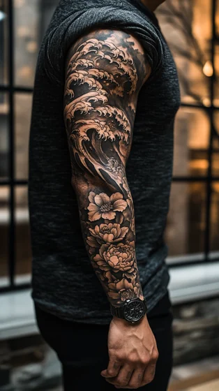 Japanese Black And Grey ocean and floral full sleeve tattoo design for men