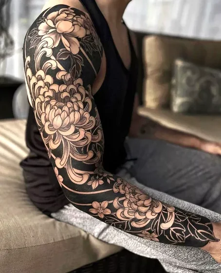 Japanese Blackwork floral full sleeve tattoo design for men