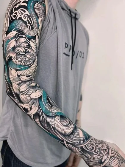 Japanese Blackwork snake and floral full sleeve tattoo design for men