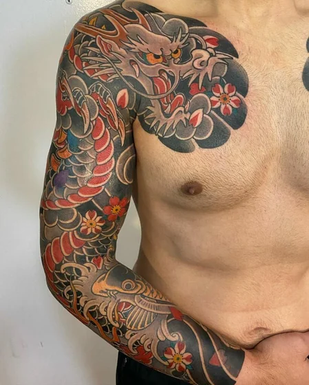 Japanese Dragon and Koi Fish full sleeve and chest tattoo design for men