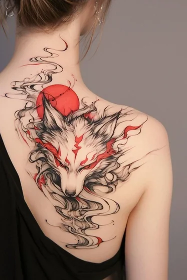 Japanese Fine Line Kitsune, Sun & Cloud tattoo design for women on back