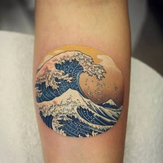 Japanese Fine Line Ocean Mountain tattoo design for women on forearm
