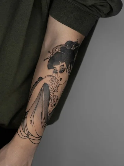 Japanese Geisha with Sunglasses & Cat tattoo for men on forearm