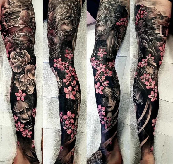 Japanese Hannya, Geisha, floral leg tattoo design for women