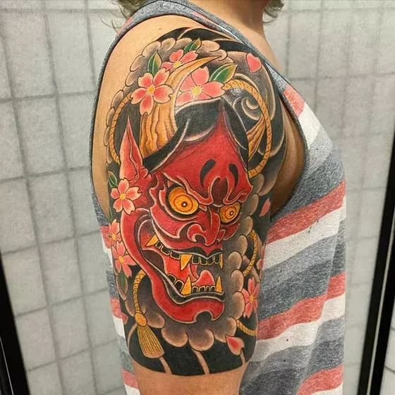 Japanese Hannya Mask, Floral tattoo design for men on arm