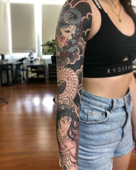 Japanese Hannya Mask, Snake, Geisha full sleeve tattoo design for lady