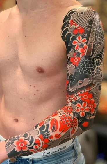 Japanese Koi Fish and Floral full sleeve tattoo design for men