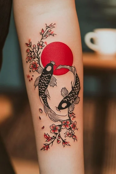 Japanese Koi Fish and floral tattoo idea for men on upper arm.