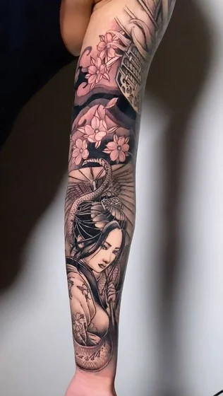 Japanese Neo-Traditional Geisha, snake & floral half sleeve tattoo for men