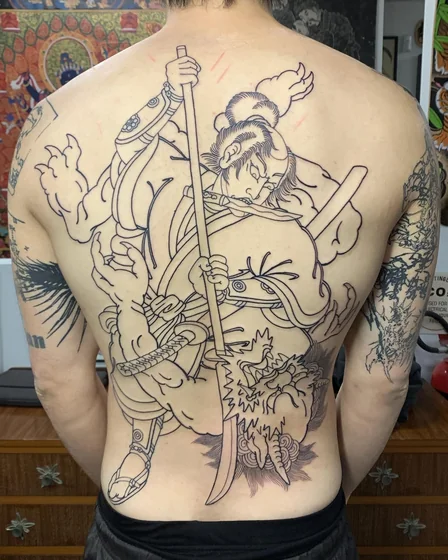 Japanese Neo-Traditional Samurai and Dragon tattoo design for men on back