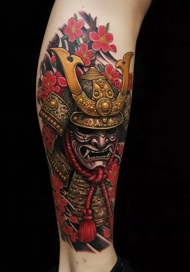 Japanese Neo-Traditional Samurai and flower tattoo design for men on calf