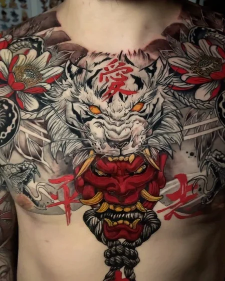 Japanese Neo-Traditional tiger, Hannya mask, flower, and snake tattoo design for men on chest and shoulder.