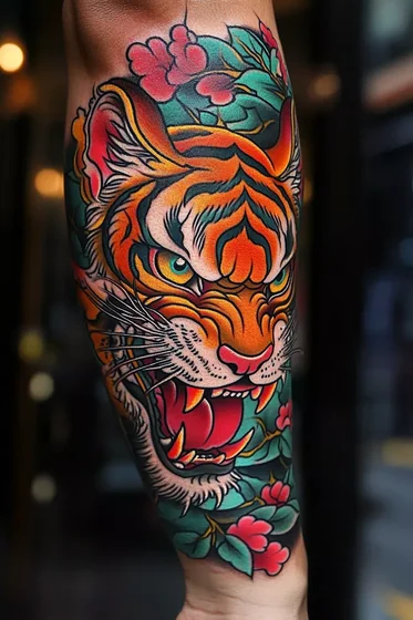 Japanese Neo-Traditional tiger and floral tattoo idea for men and women on forearm
