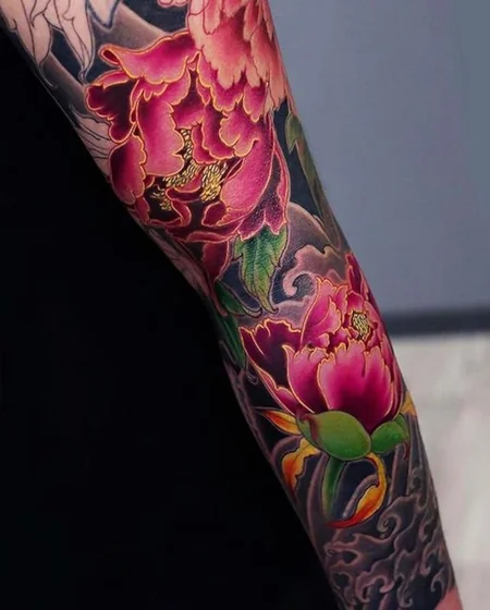 Japanese Peony and Cloud Half Sleeve Tattoo Design for Men