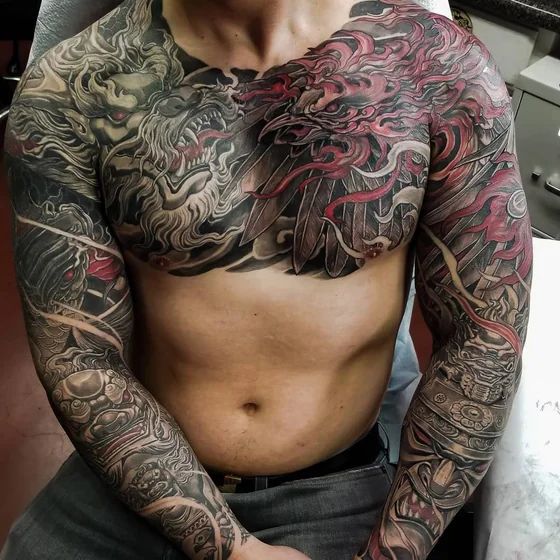 Japanese Phoenix and Lion tattoo for men on chest and full sleeve