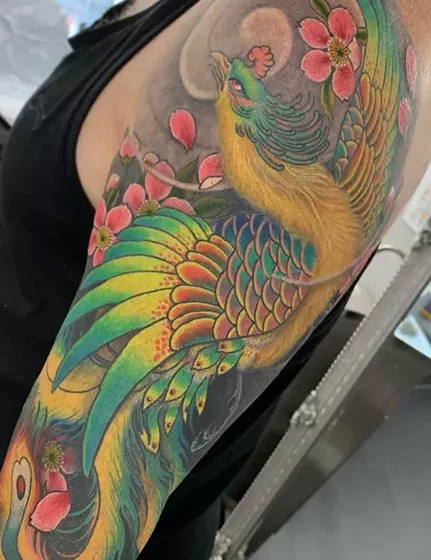 Japanese Phoenix and floral half sleeve tattoo design for men
