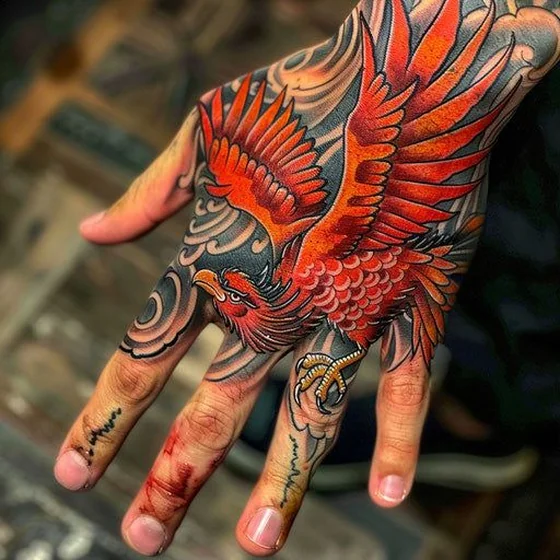 Japanese Phoenix tattoo design for men on hand and finger