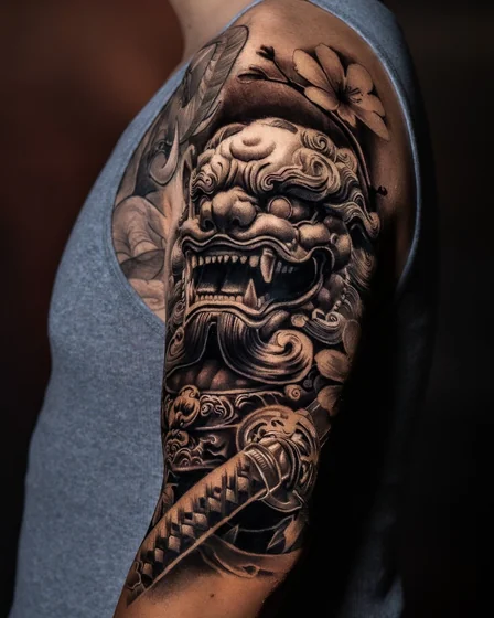 Japanese Realism Foo Dog, flower, katana tattoo for men on arm