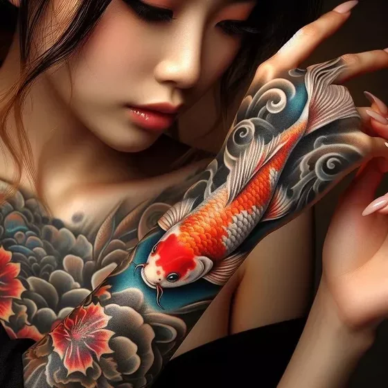Japanese Realism Koi Fish and Floral tattoo design for women on forearm and hand