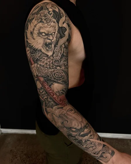 Japanese Realism Monkey King warrior full sleeve tattoo for men