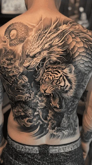 Desenho de tatuagem realista japonesa de dragão e tigre para homens nas costas