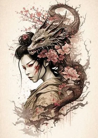Japanese Realism dragon, floral, Japanese woman tattoo design for women
