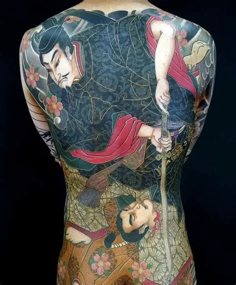 Japanese Samurai and floral back tattoo design for men