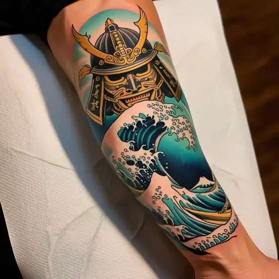 Japanese Samurai and ocean wave tattoo design for men on forearm