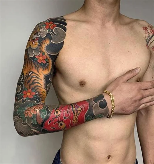 Japanese Traditional Tiger and Hannya Mask full sleeve tattoo design for men