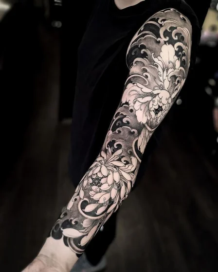 Japanese black and grey flower and ocean full sleeve tattoo idea for men
