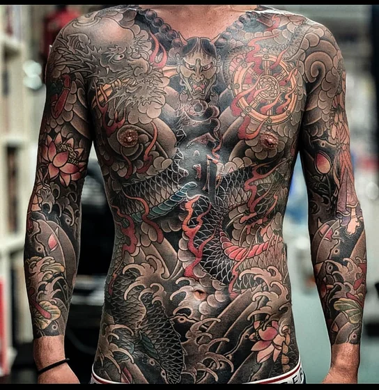 Japanese dragon, Hannya mask tattoo design for men on arm