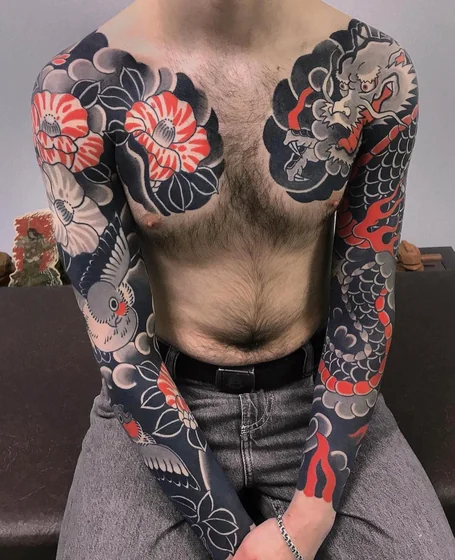 Japanese dragon and floral full sleeve and chest tattoo for men