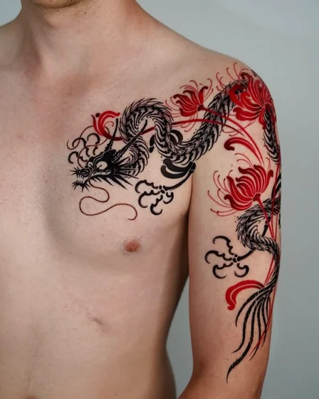 Japanese dragon and floral tattoo design for men on chest and upper arm