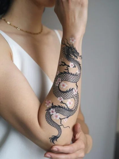 Japanese dragon and floral tattoo idea for women on forearm