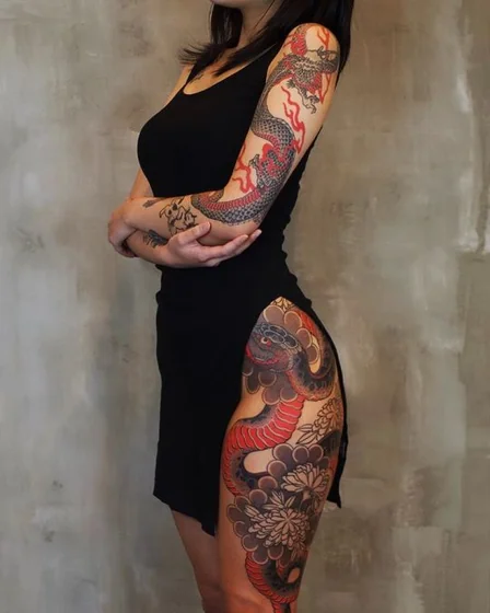 Japanese dragon and snake tattoo idea for women on full sleeve and thigh