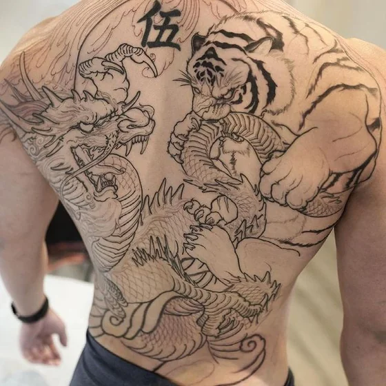 Japanese dragon and tiger full back tattoo design for men
