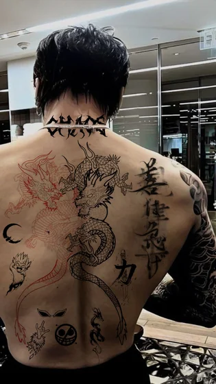 Japanese dragon, anime character patchwork tattoo design for men on back