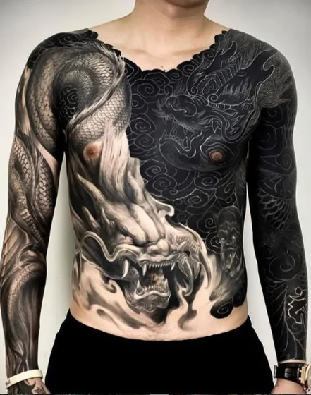 Japanese dragon blackwork tattoo idea for men on chest & sleeves