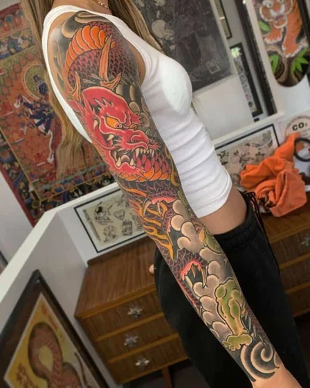 Japanese dragon full sleeve tattoo design for women on arm