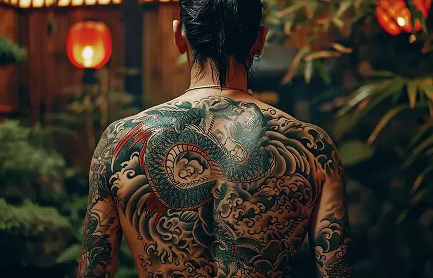 Japanese dragon tattoo design for men on back and shoulder