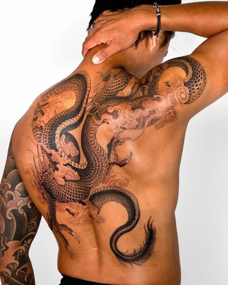 Japanese dragon tattoo design for men on back and shoulder