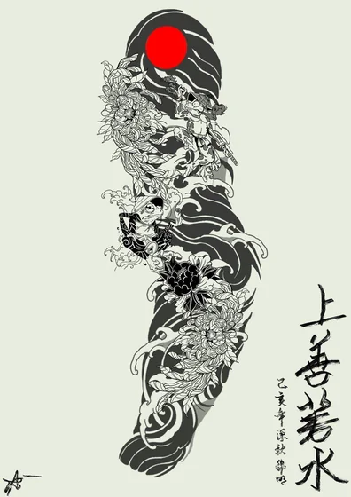 Japanese fine line full sleeve tattoo design with flowers, sun, waves, and samurai frogs for men and women