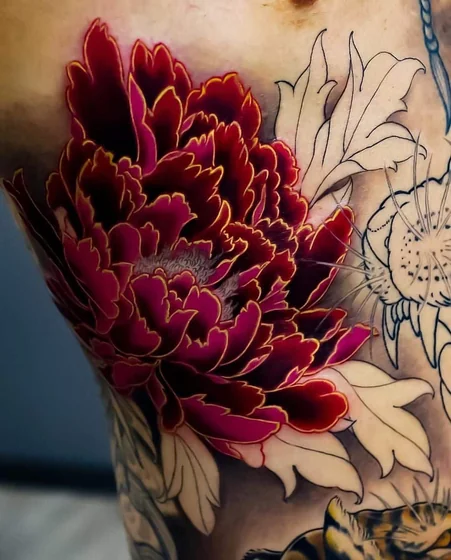 Japanese flower and tiger tattoo idea for men and women on rib