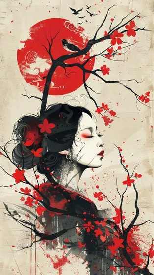 Japanese graphic Geisha, floral, sun, bird tattoo design for women