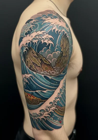 Japanese ocean, mountain, cloud half sleeve tattoo design for men