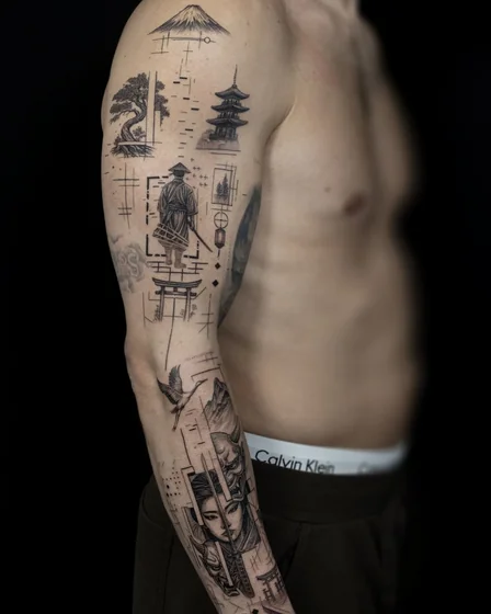 Japanese patchwork half sleeve tattoo for men: samurai, pagoda, mask